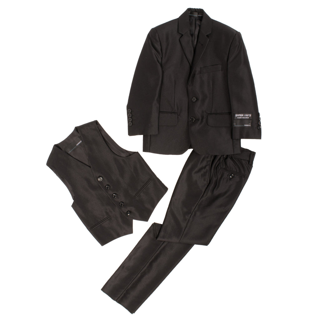 Ferrecci Boys Black Sharkskin 3-Piece Vested Suit – Formal Kids Suit