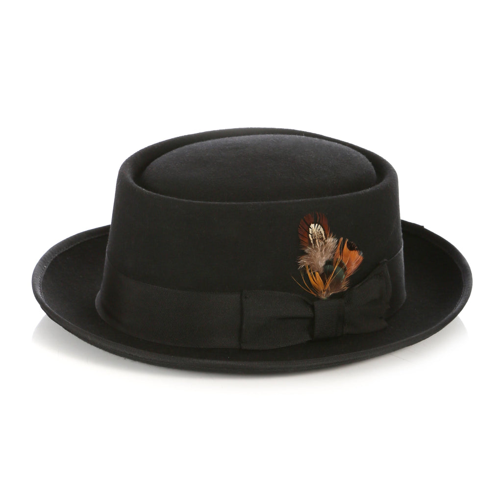 Men's Black Wool Pork Pie Hat - Felt Hat with Grosgrain Band & Feather | Ferrecci