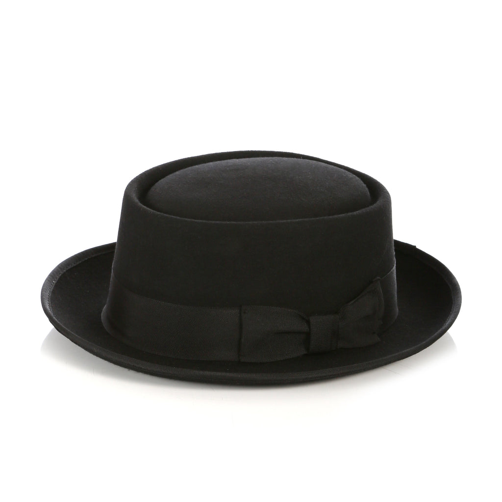Men's Black Wool Pork Pie Hat - Felt Hat with Grosgrain Band & Feather | Ferrecci