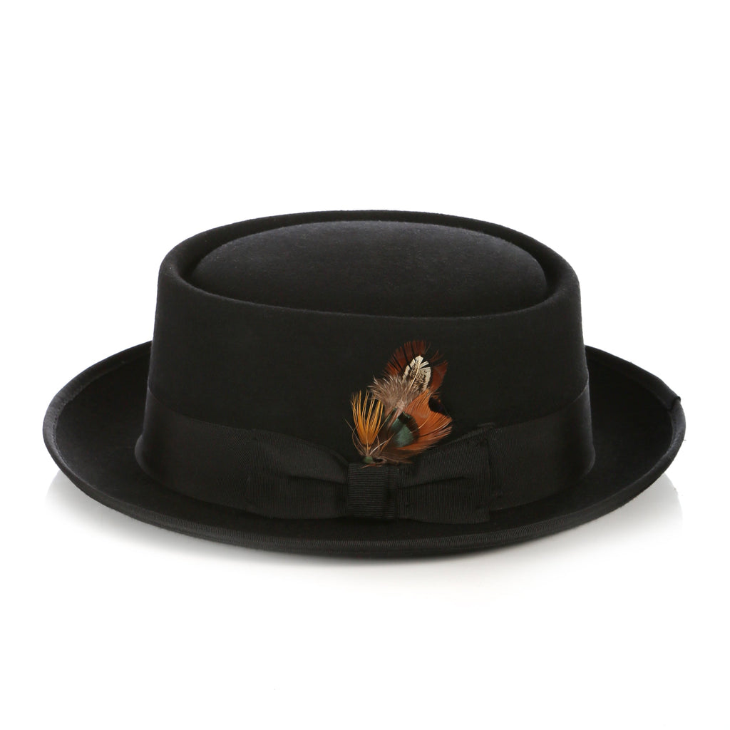 Men's Black Wool Pork Pie Hat - Felt Hat with Grosgrain Band & Feather | Ferrecci