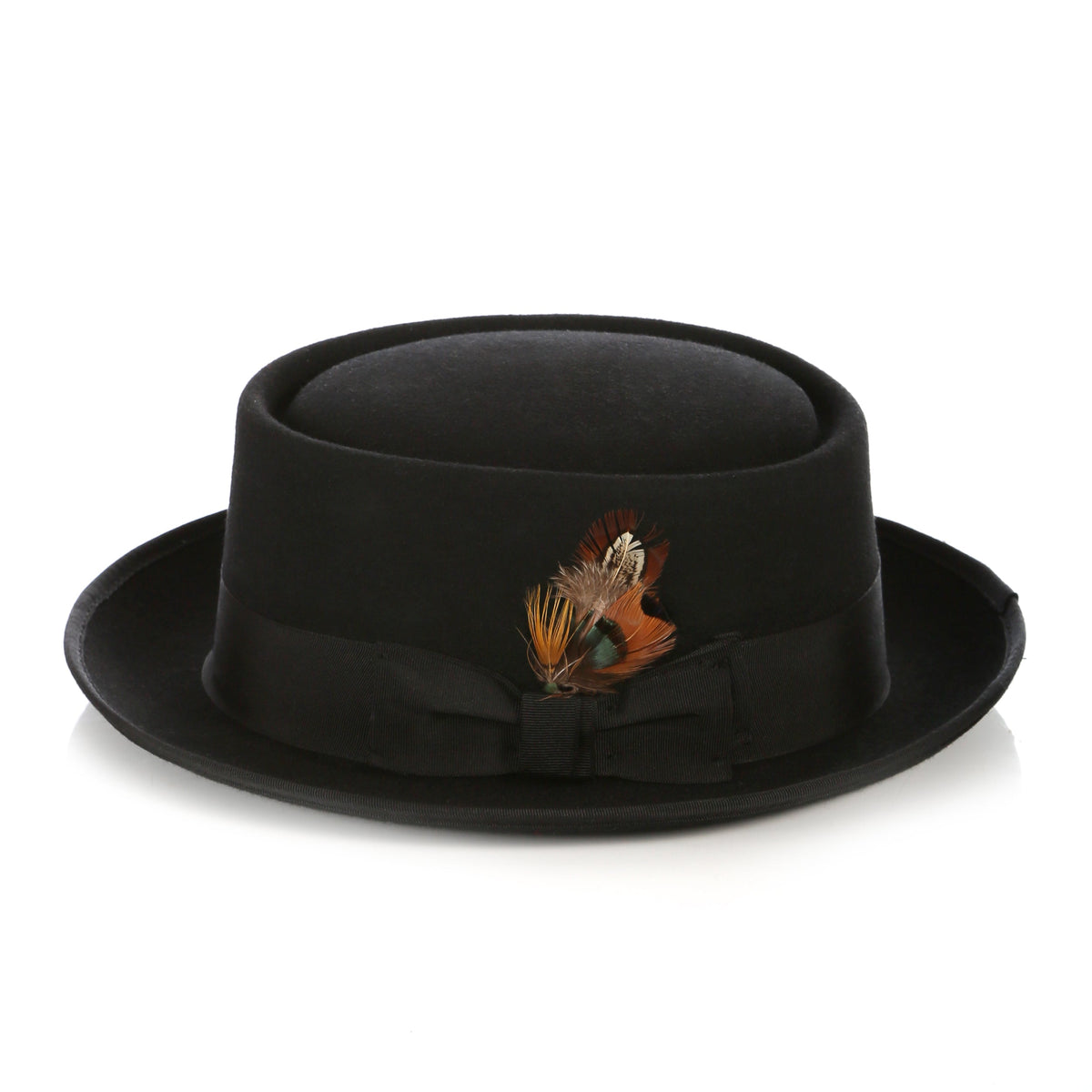 Men's Black Wool Pork Pie Hat - Felt Hat with Grosgrain Band & Feather | Ferrecci