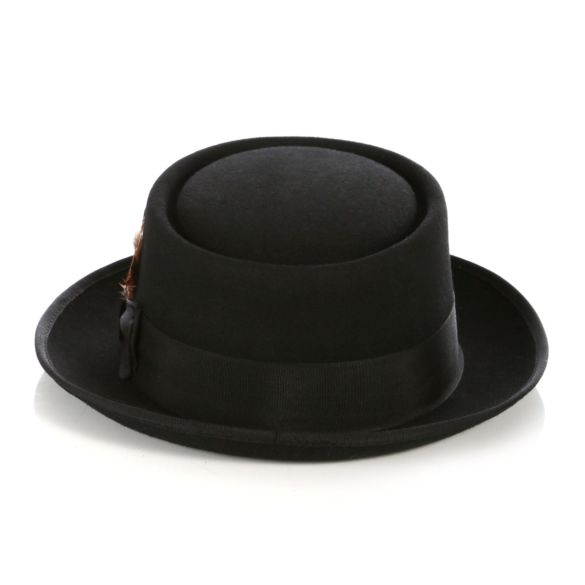 Men's Black Wool Pork Pie Hat - Felt Hat with Grosgrain Band & Feather | Ferrecci