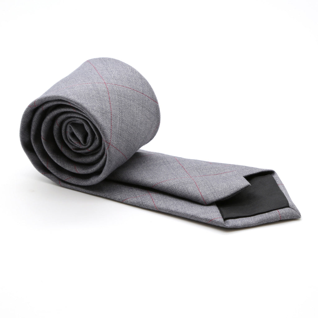 Slim Light Grey and Hint Of Red Plaid Neckties & Handkerchief