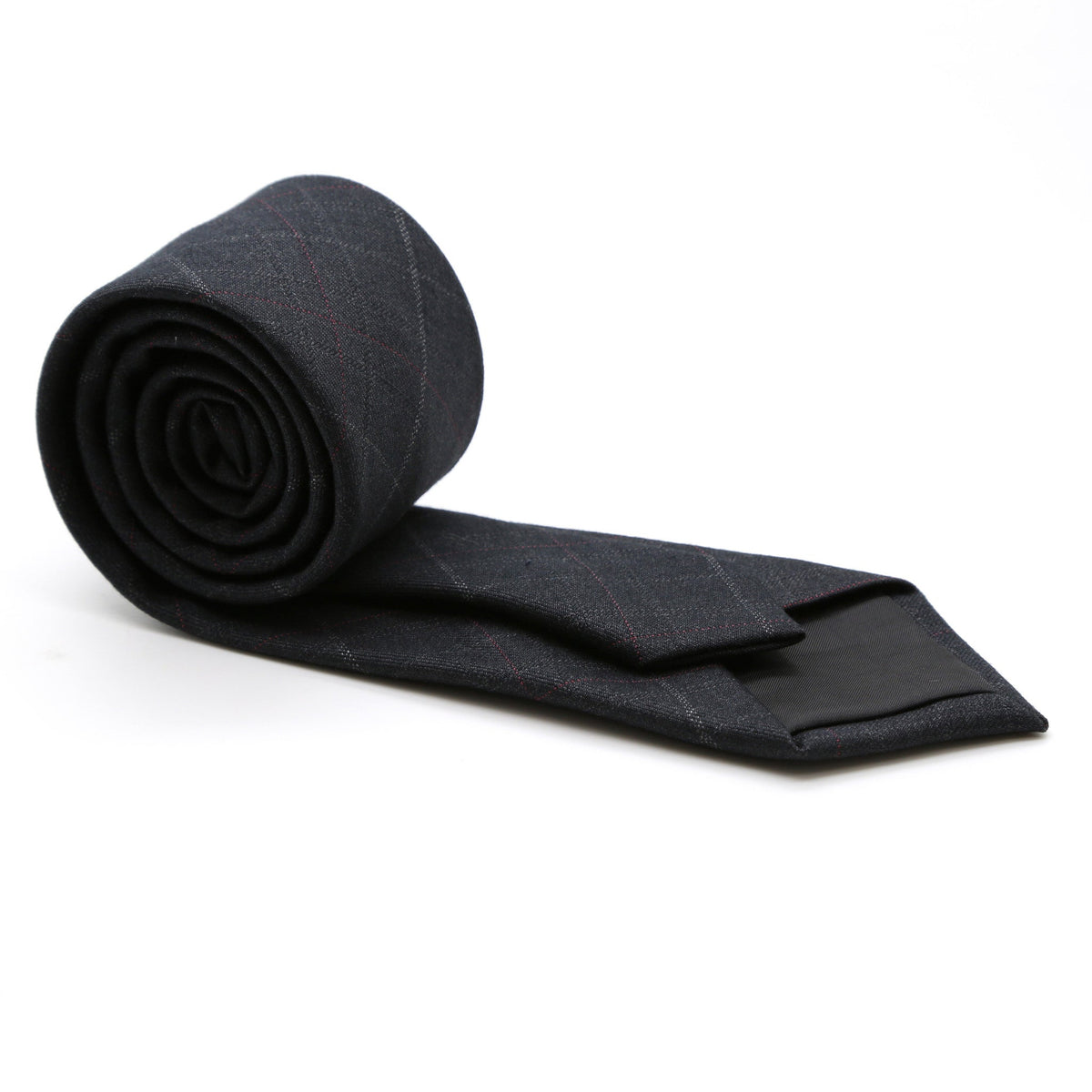 Slim Charcoal With Hint Of Red & Beige Plaid Neckties & Handkerchief