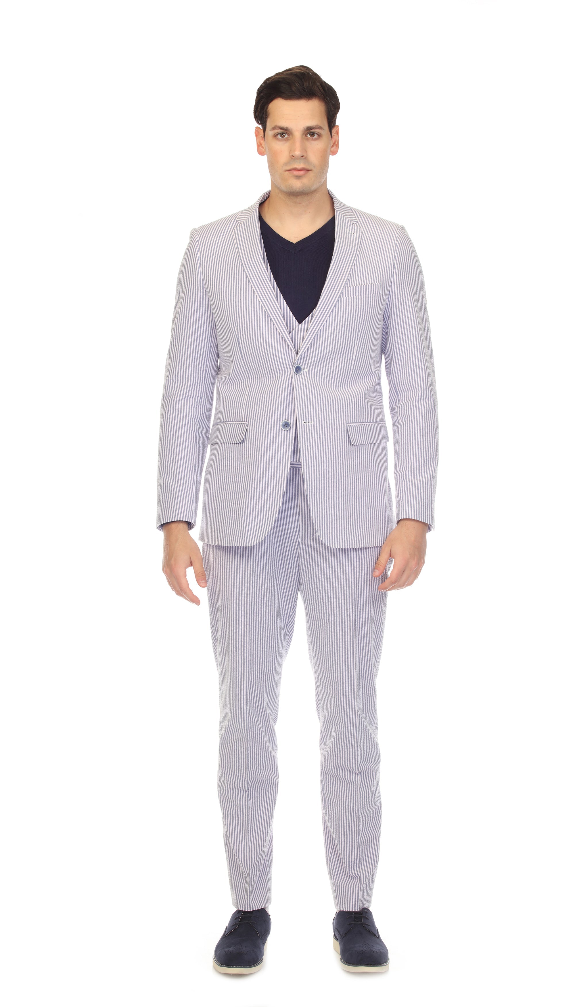 Ferrecci - Men's Blue Premium Cotton Slim Fit Seersucker 2 Piece Suit Set