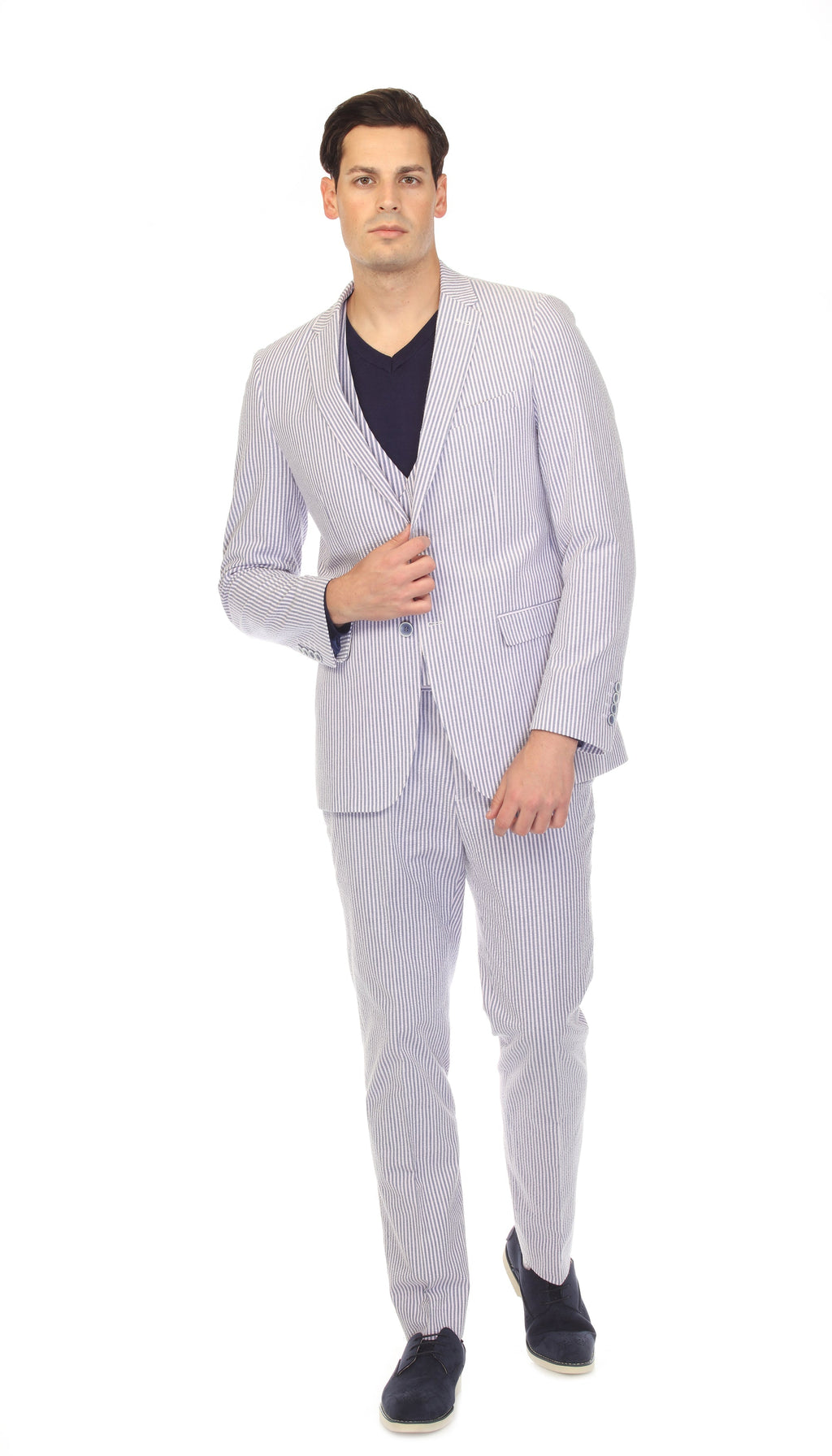 Men's Regular Fit Two Button Blue Seersucker Suit