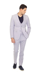 Ferrecci - Men's Blue Premium Cotton Slim Fit Seersucker 2 Piece Suit Set