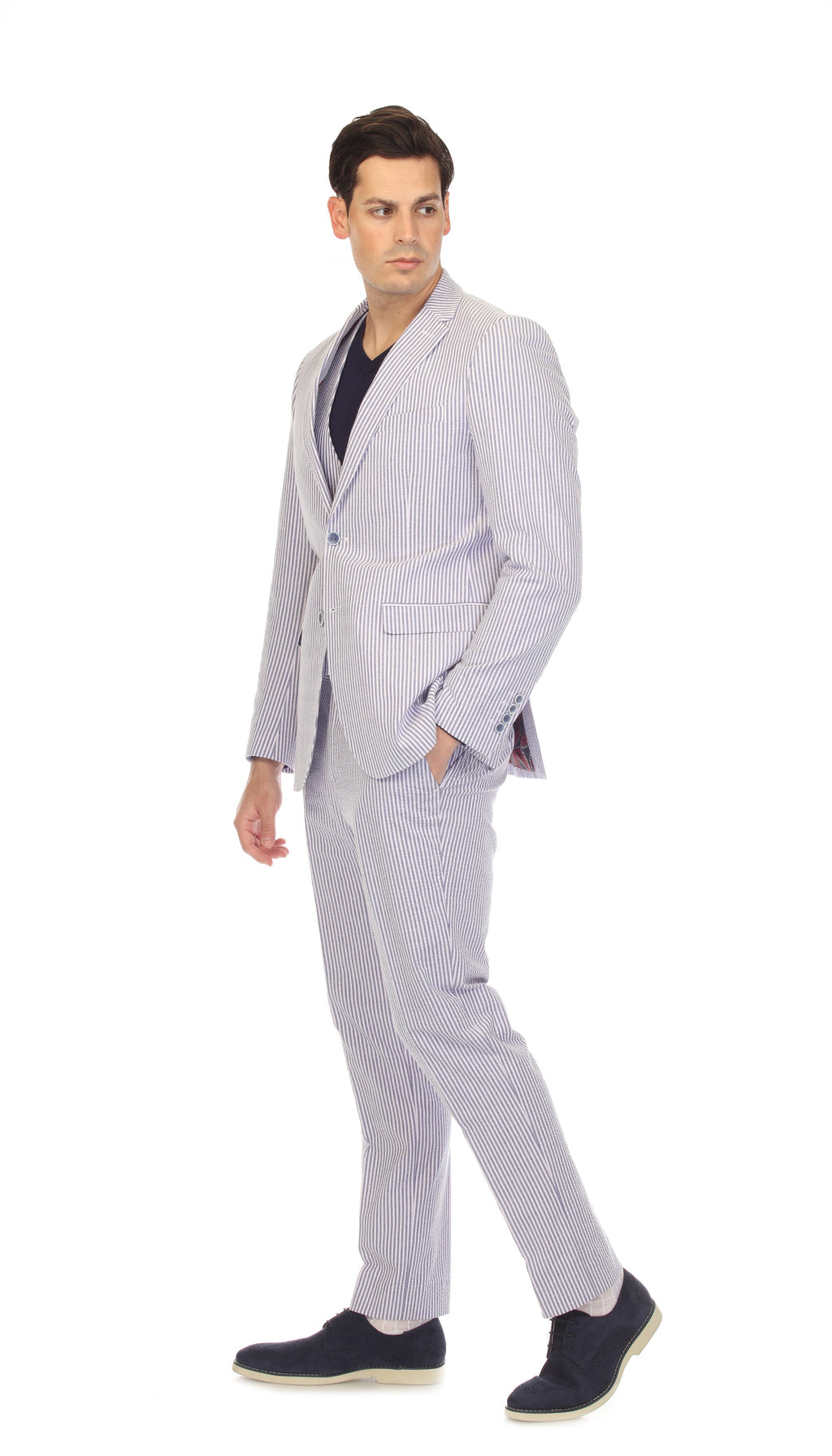 Ferrecci - Men's Blue Premium Cotton Slim Fit Seersucker 2 Piece Suit Set