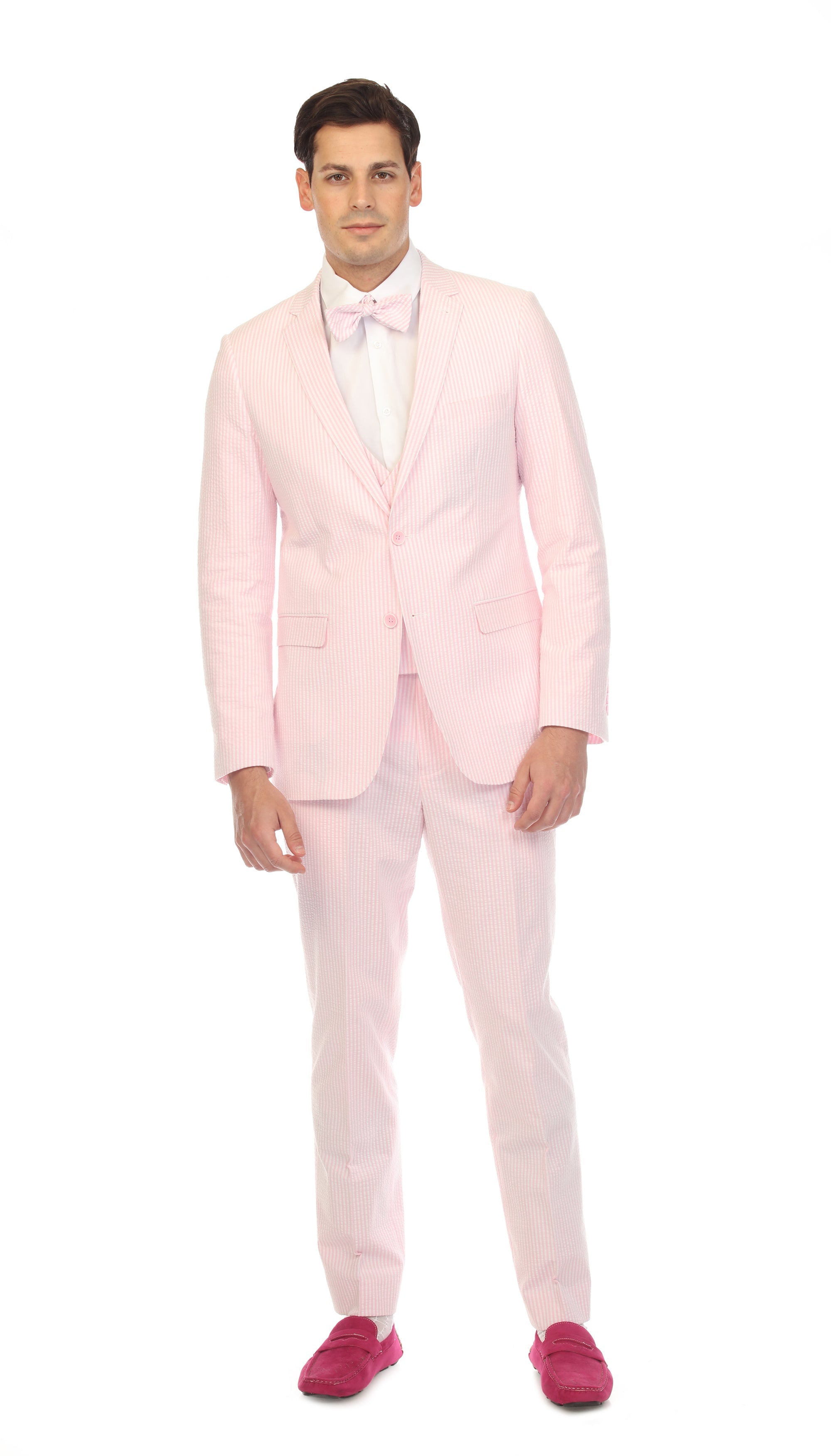 Ferrecci - Men's Pink Premium Cotton Slim Fit Seersucker 2 Piece Suit Set
