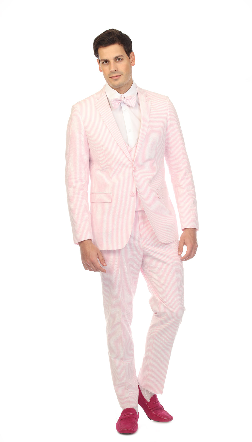 Ferrecci - Men's Pink Premium Cotton Slim Fit Seersucker 2 Piece Suit Set