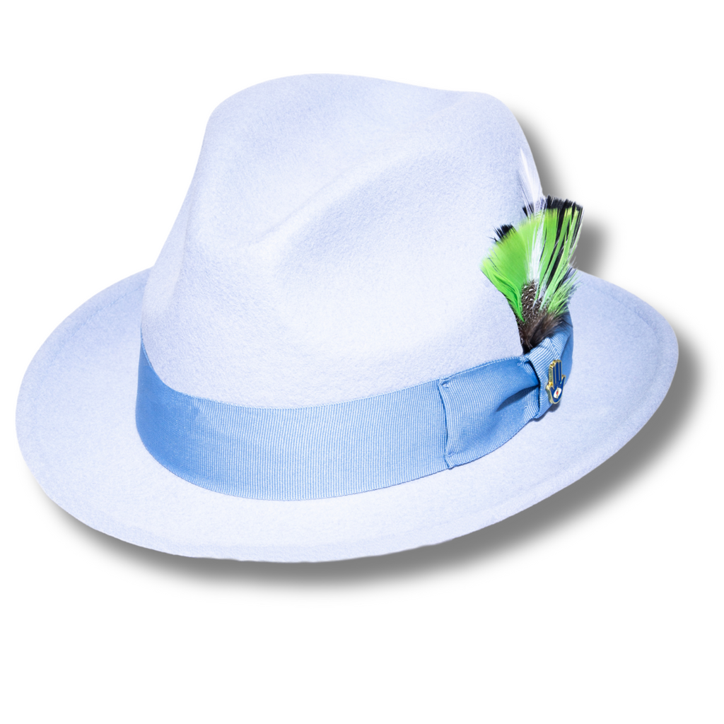 Ferrecci Brooks Trilby Soft 100% Australian Wool Felt Body with Removable Feather sky blue hat Great for Travel
