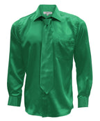 Emerald Green Satin Regular Fit Dress Shirt, Tie & Hanky Set