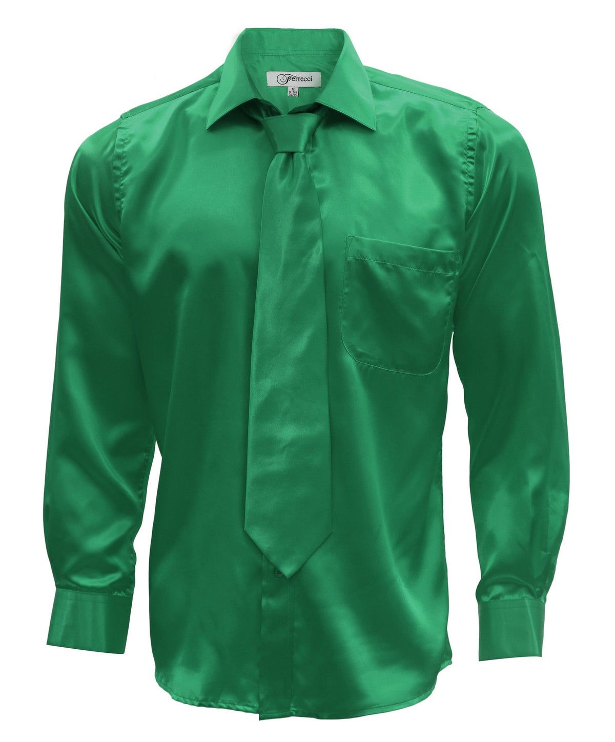 Emerald Green Satin Regular Fit Dress Shirt, Tie & Hanky Set