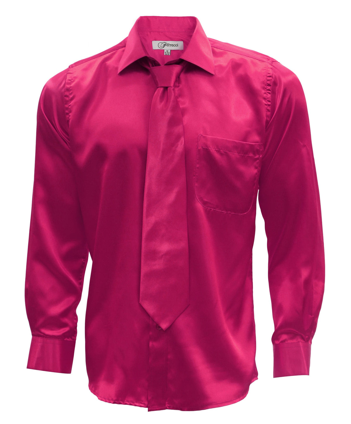 Fuchsia Satin Regular Fit Dress Shirt, Tie & Hanky Set