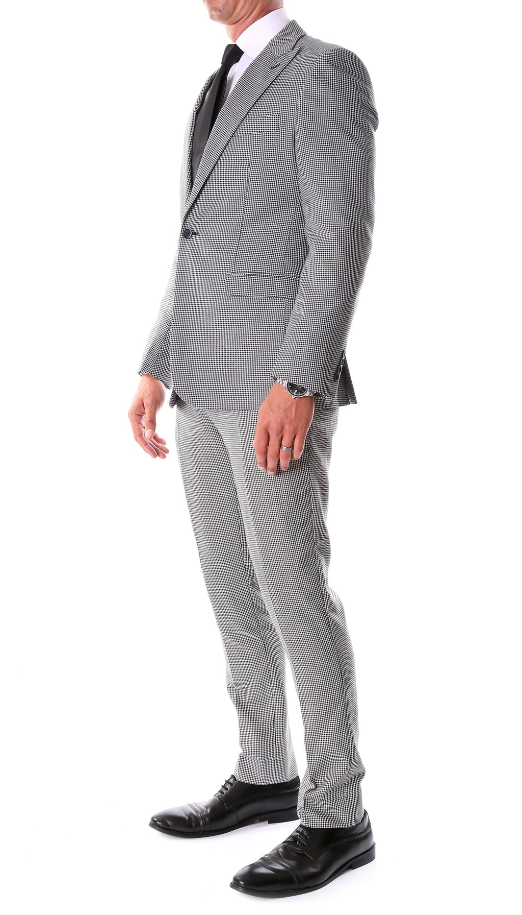 Stanford Men's Black & White Houndstooth Suit — Slim Fit 2 Piece Peak Lapel