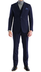 Bellagio Navy White Mens 2 Button Slim Peak Lapel Suit With Pick Stitching Ticket Pocket Double Breasted Vest With Shawl Lapel