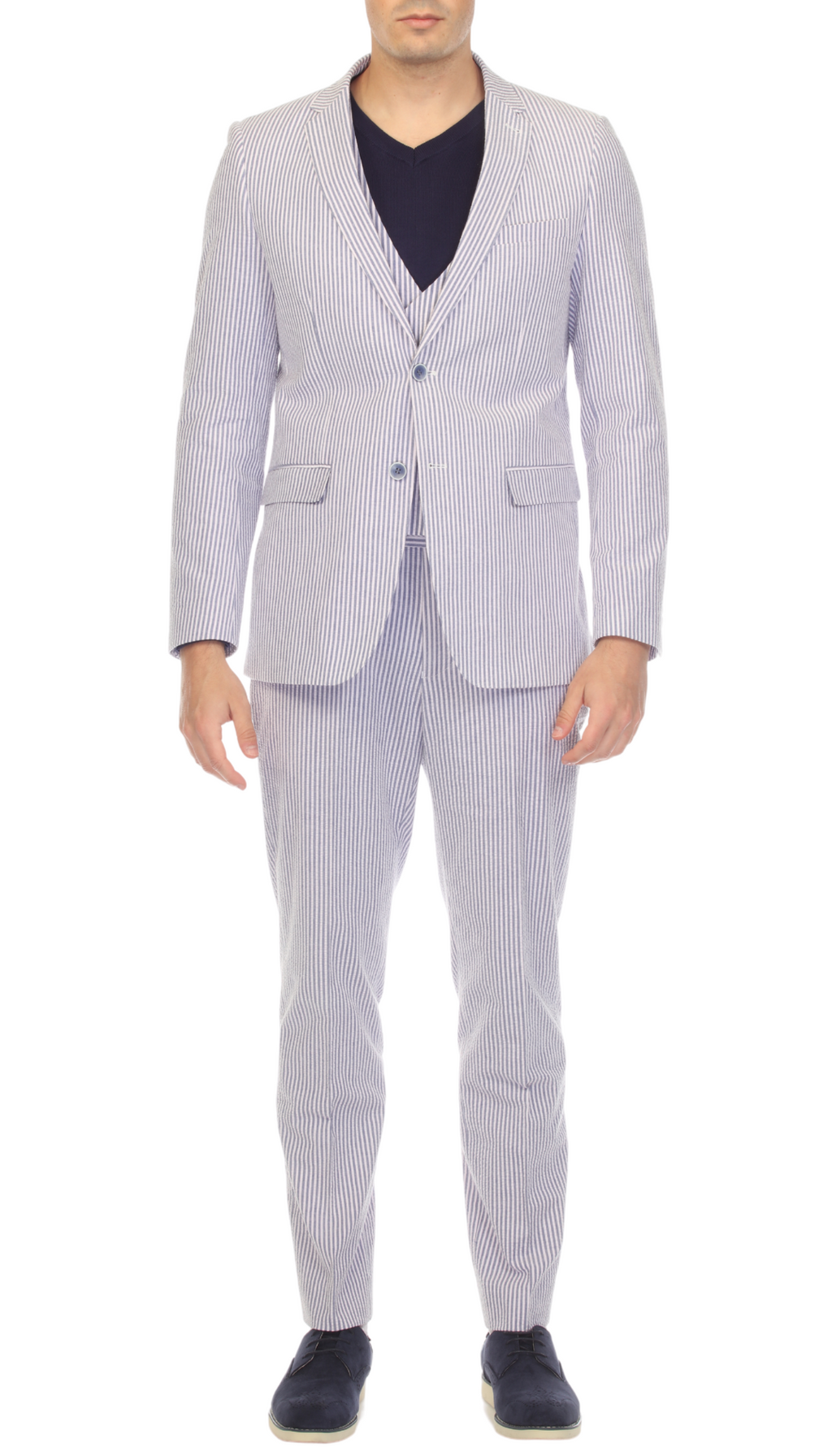 Ferrecci - Men's Blue Premium Cotton Slim Fit Seersucker 2 Piece Suit Set