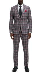 The Kingston Mens Grey/Red Checker Slim Fit 3 Piece Suit