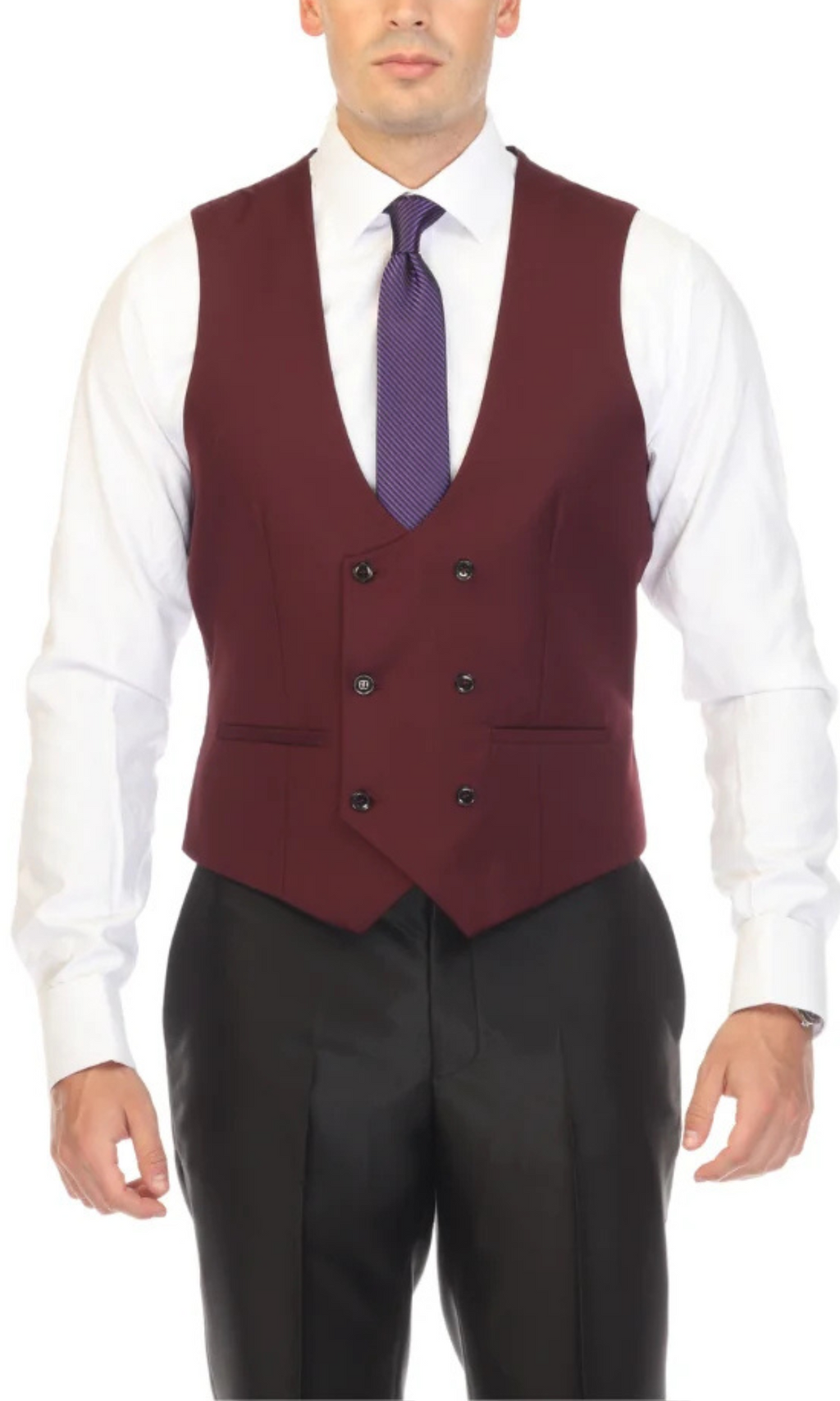 Men's Burgundy Double Breasted Vest Set - Cruz Adjustable Wedding Waistcoat with Bow Tie, Necktie & Pocket Square, Sizes 36-54 | Ferrecci
