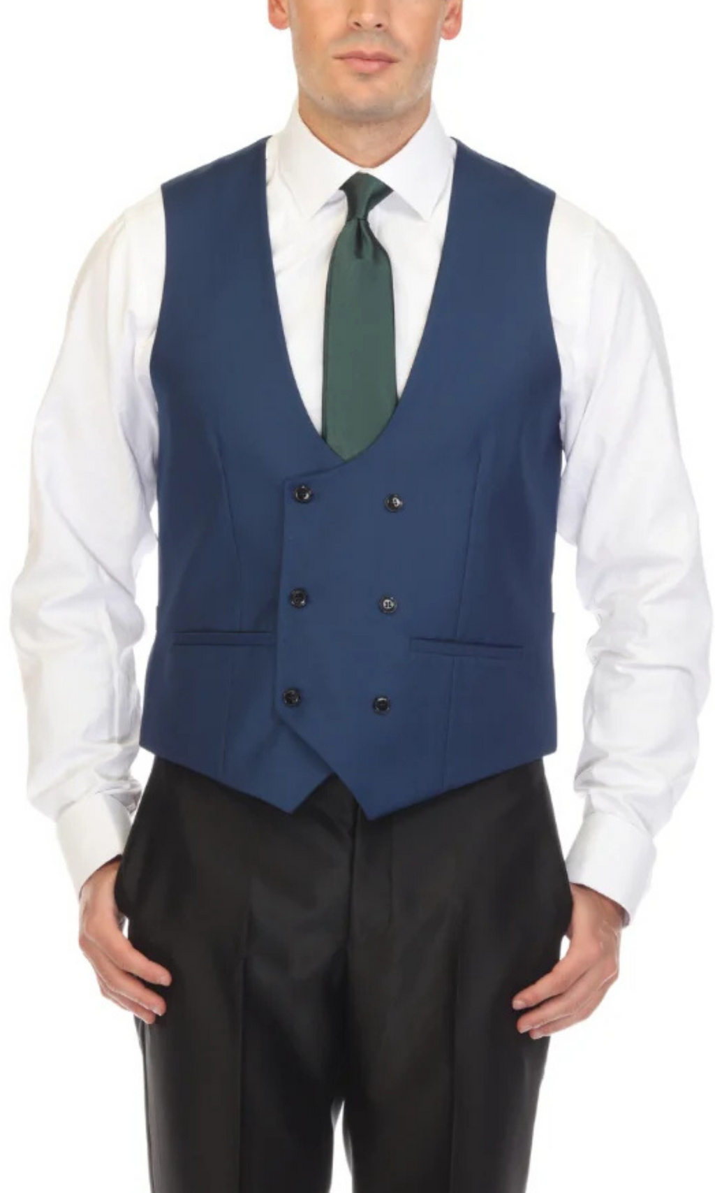 Men's Indigo Double Breasted Vest Set - Cruz Adjustable Wedding Waistcoat with Bow Tie, Necktie & Pocket Square, Sizes 36-54 | Ferrecci
