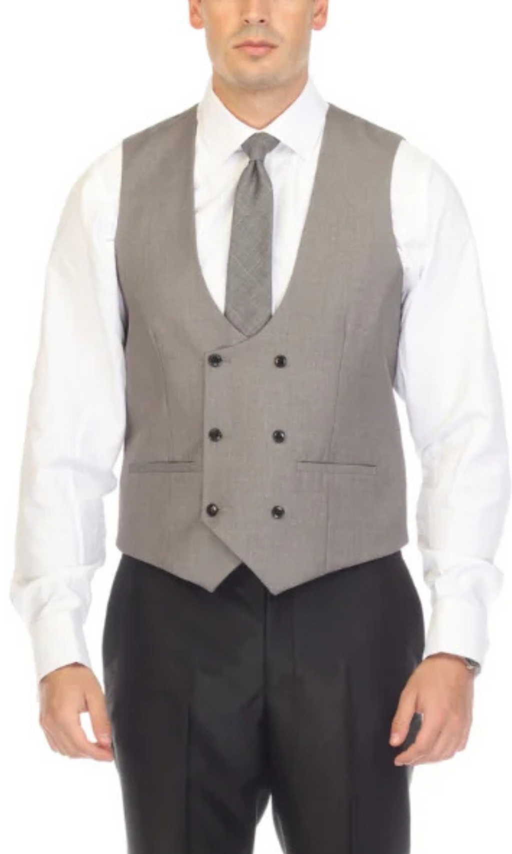Men's Grey Double Breasted Vest Set - Cruz Adjustable Wedding Waistcoat with Bow Tie, Necktie & Pocket Square, Sizes 36-54 | Ferrecci