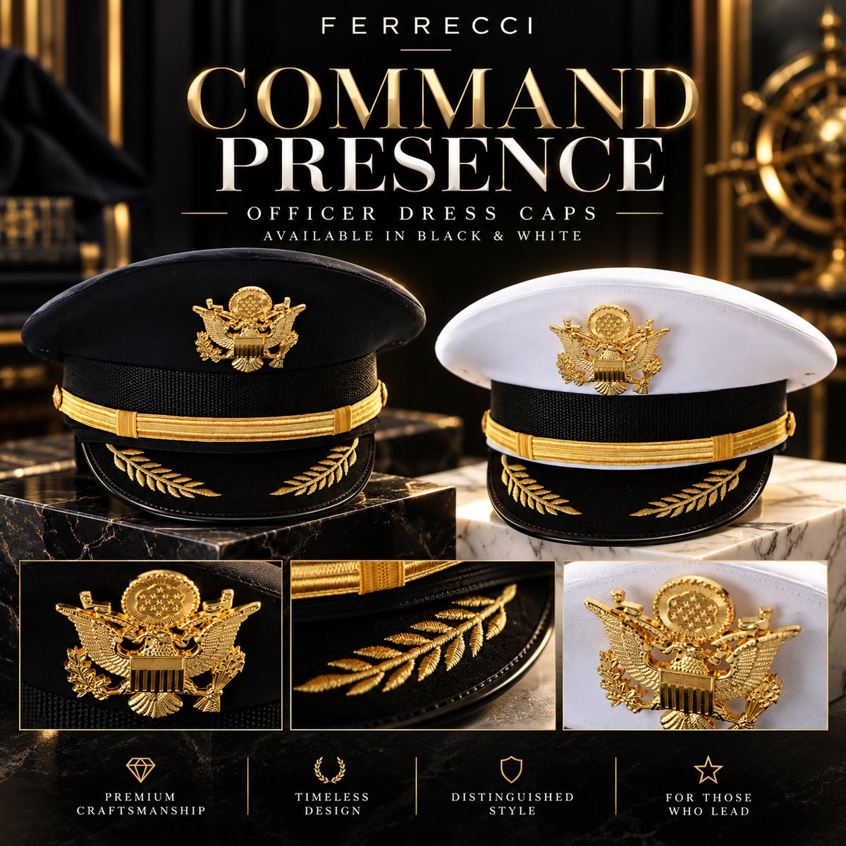 Captain Hat for Men & Women – Black Yacht, Boat & Pilot Cap with Eagle Crest | Ferrecci