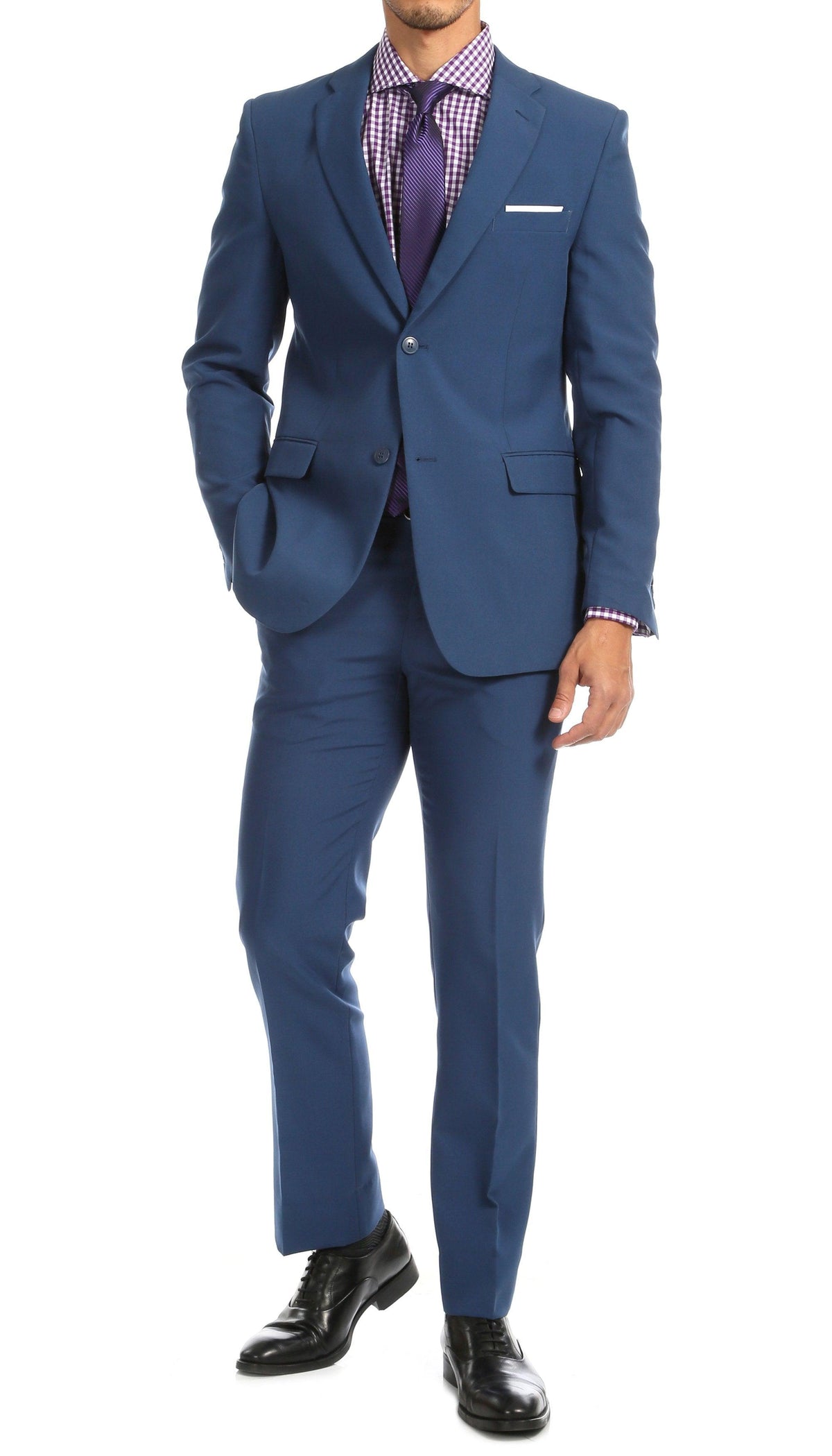 Paul Lorenzo Men's Indigo Slim Fit 2-Piece Suit - Notch Lapel, Flat Front Pants