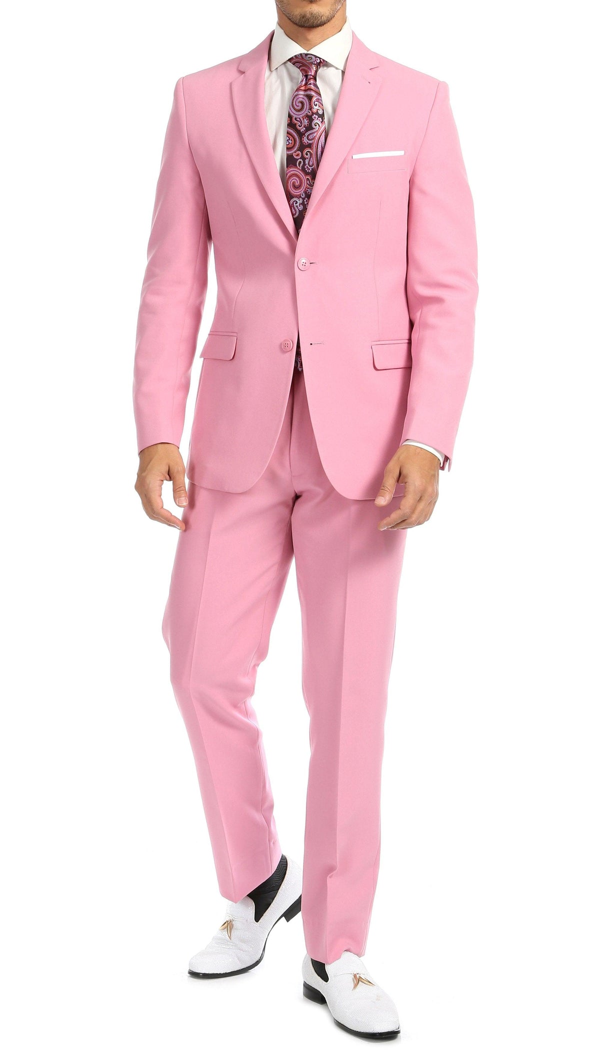 Paul Lorenzo Men's Pink Slim Fit 2-Piece Suit - Notch Lapel, Flat Front Pants