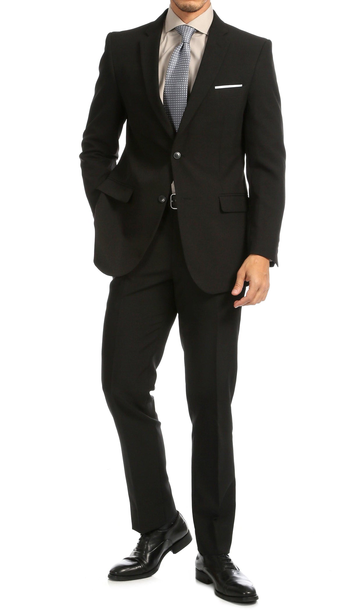 Paul Lorenzo Men's Black Slim Fit 2-Piece Suit - Notch Lapel, Flat Front Pants