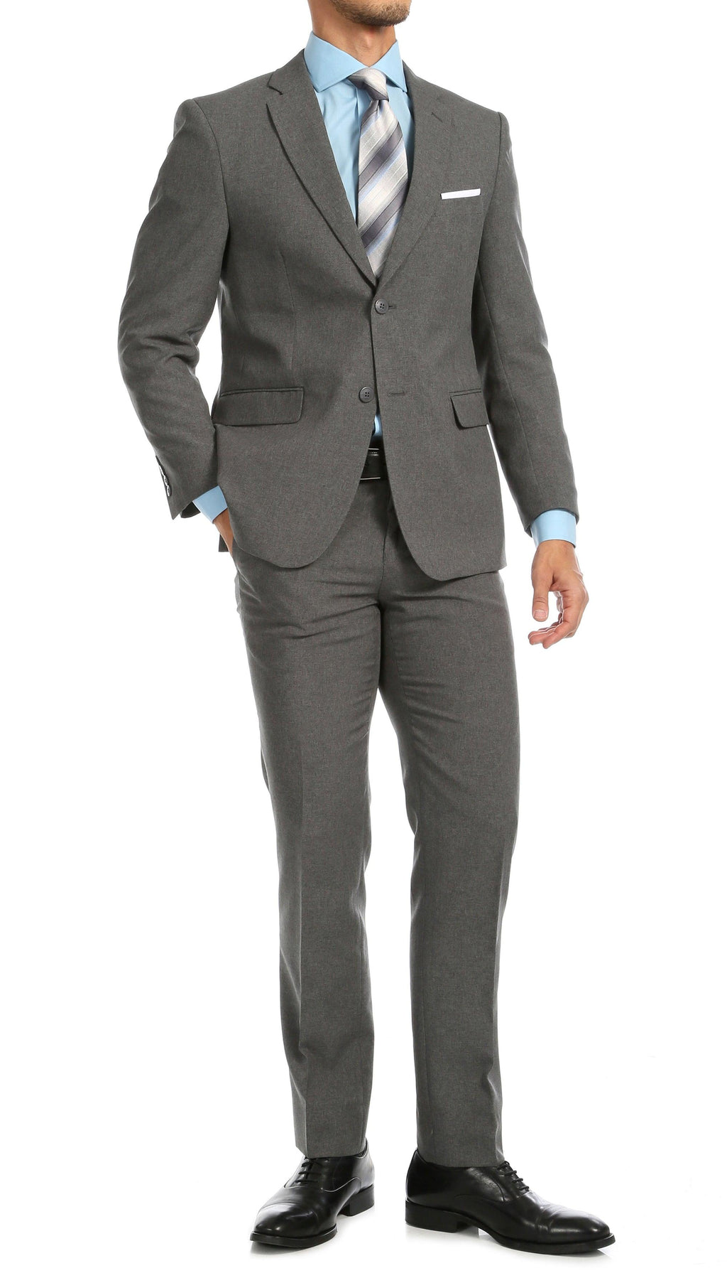 Paul Lorenzo Men's Heather Grey Slim Fit 2-Piece Suit - Notch Lapel, Flat Front Pants