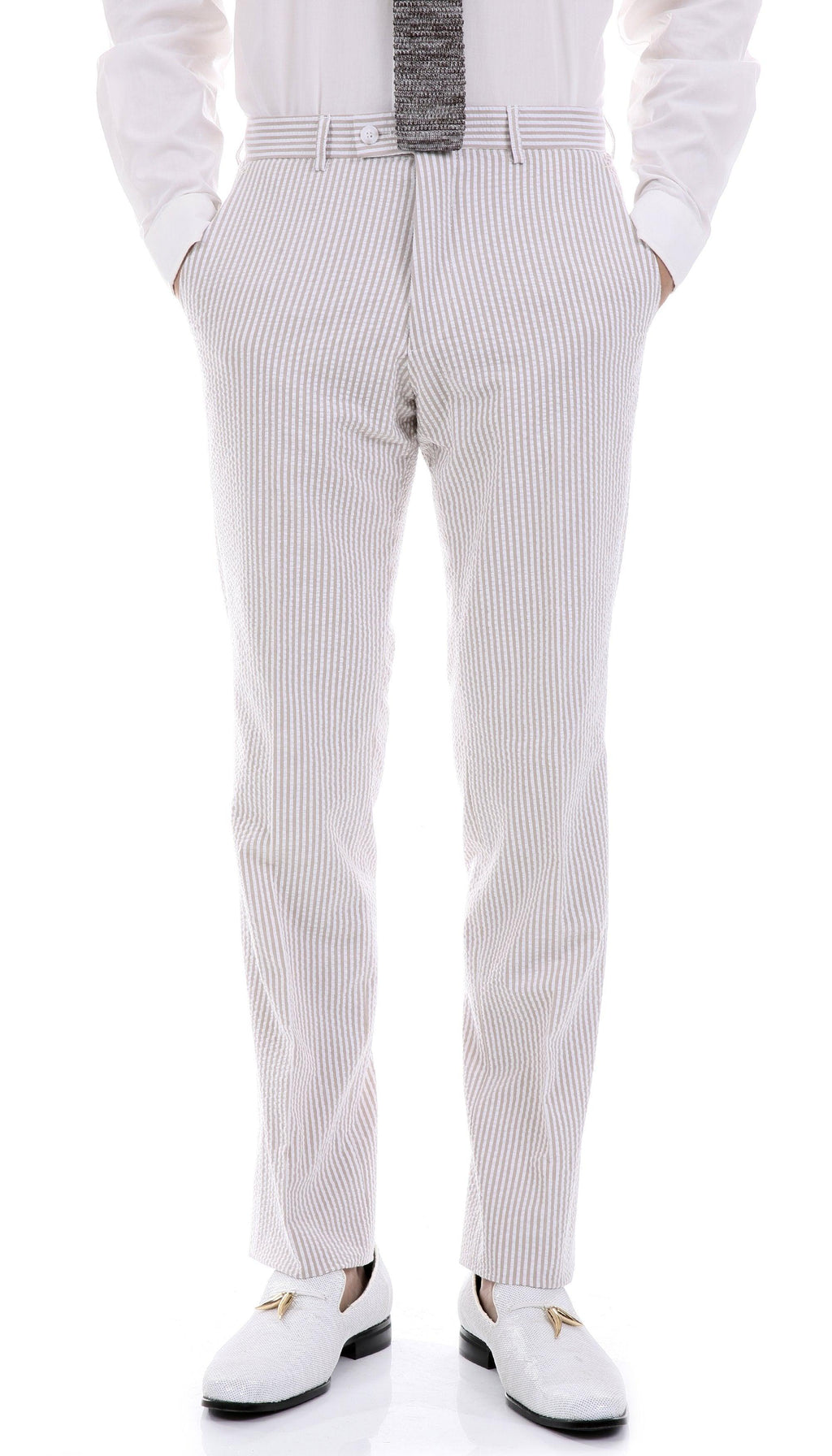 Premium Comfort Cotton Slim Fit Tan Seersucker 2 Piece Suit - Ferrecci USA 