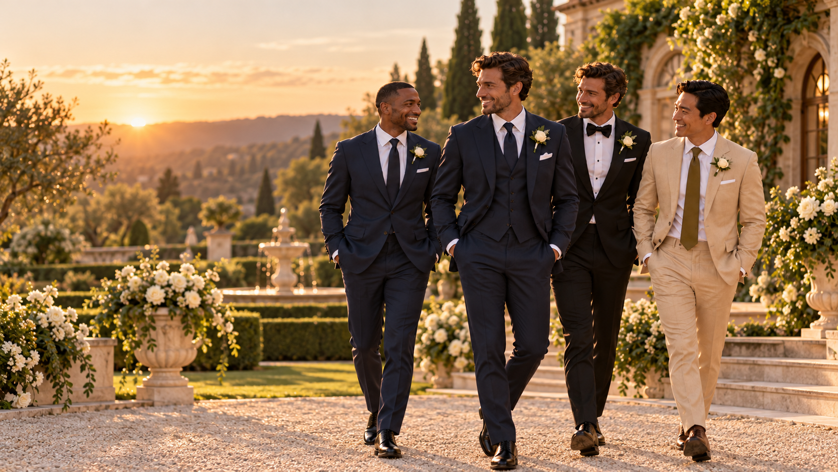 Groom and groomsmen in elegant wedding suits